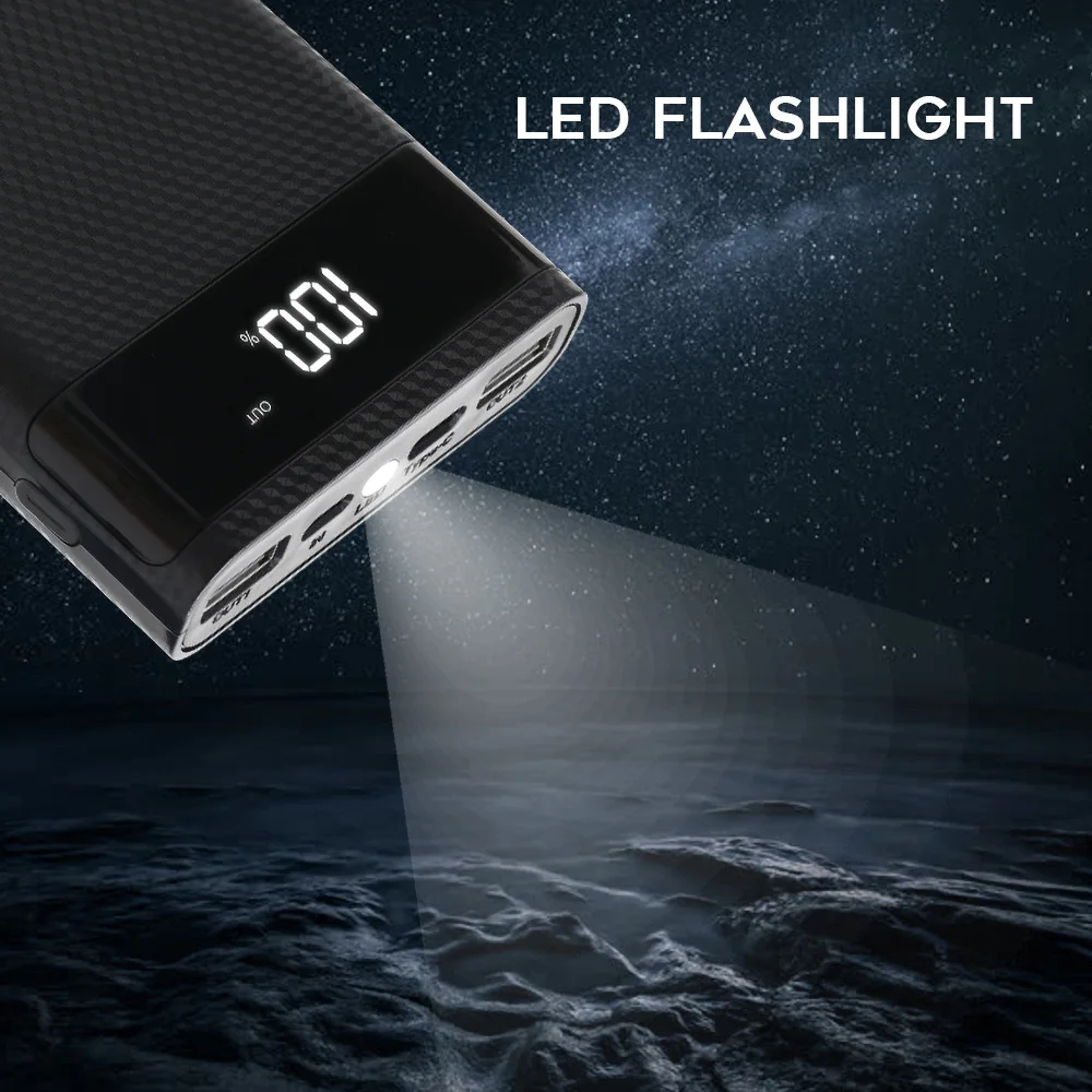 Power Bank Case Dual USB Micro USB Type C DC 5V DIY 6*18650 Battery Charge Storage LED Display Flashlight