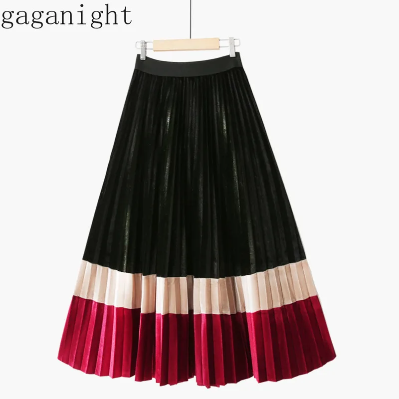 Gaganight осень зима для женщин бархатная плиссированная юбка элегантный лоскутное цвет качели юбки женские Винтаж Эластичный Высокая талия линия