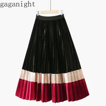 Gaganight осень зима для женщин бархатная плиссированная юбка элегантный лоскутное цвет качели юбки женские Винтаж Эластичный Высокая талия линия