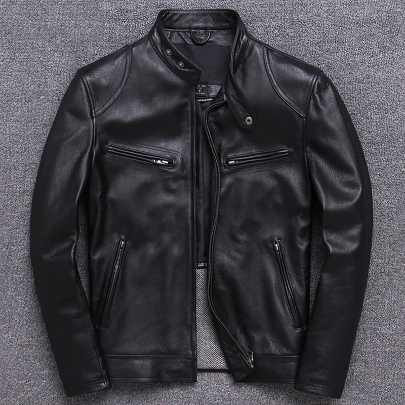 Real Model Brand Mens Cow Leather Jacket Coats Black Large Size 4XL Genuine Male Overcoat European Style A845 | Мужская одежда