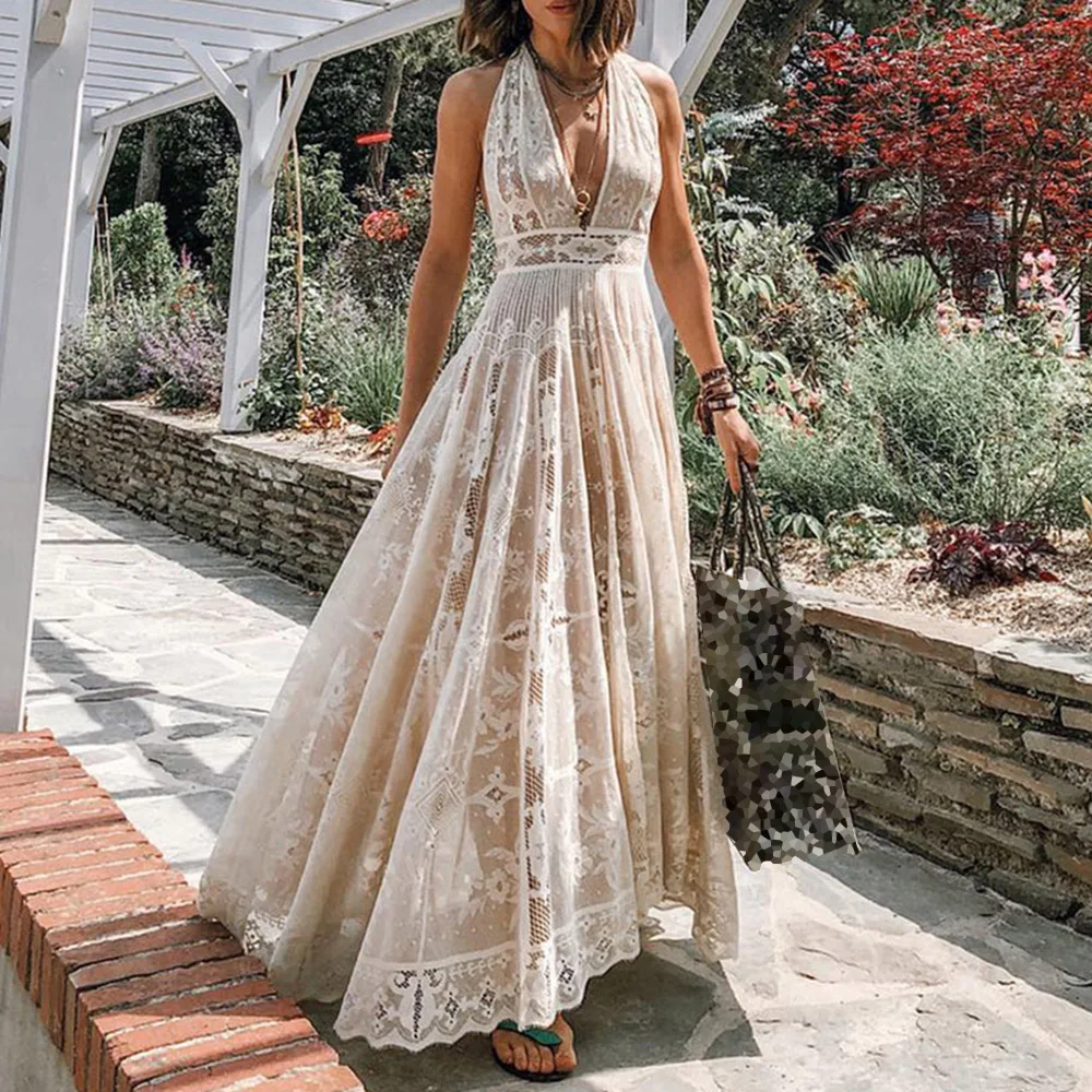 

White Lace Evening Dress Sexy Deep V Neck Backless Sleeveless Long Robe Femme 2020 Summer Autumn A-Line See-Through Beach Tunic