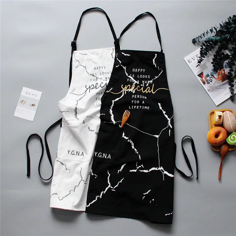 INS Nordic Cotton Apron Black White Marble Cooking Aprons For Men Women with Big Pocket Bib Overalls Kitchen Baking Accessories