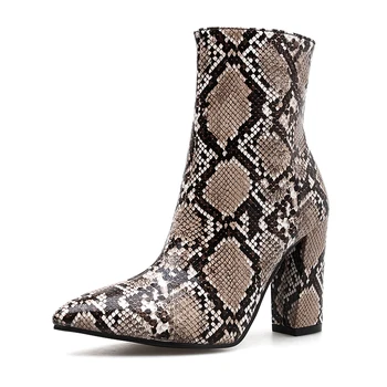 

Fashion slim style pointed snake print zipper high heel ankle boots 2020 new fashion women's boots