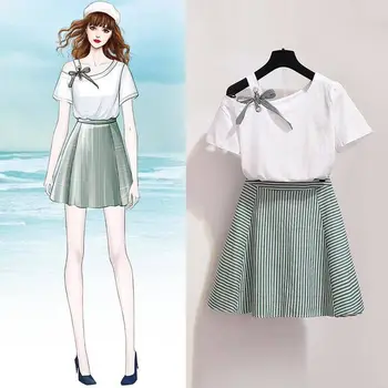

Summer Fashion Women Tracksuit Girls T-Shirts And Striped Skirts Suits Sets Female Vintage Sweet Slim 2 Piece Set Outfits F134