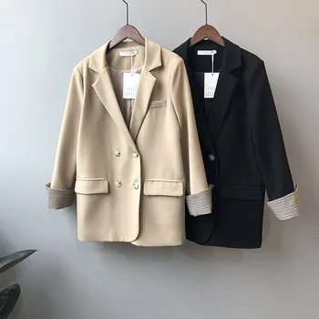 

womens blazers Spring 2020 new Korean version contrast check sleeve double-breasted Solid suit jacket Office Lady