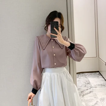 

COIGARSAM Chiffon Shirt Womens tops New Spring Peter pan Collar Women shirts Meters Apricot Lotus Root Starch 895