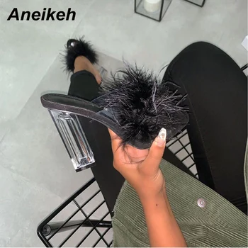 

Aneikeh Summer 2020 Furry Sandals Women Slingback Slippers Sandals Transparent High Heels Party Shoes Pumps fashion