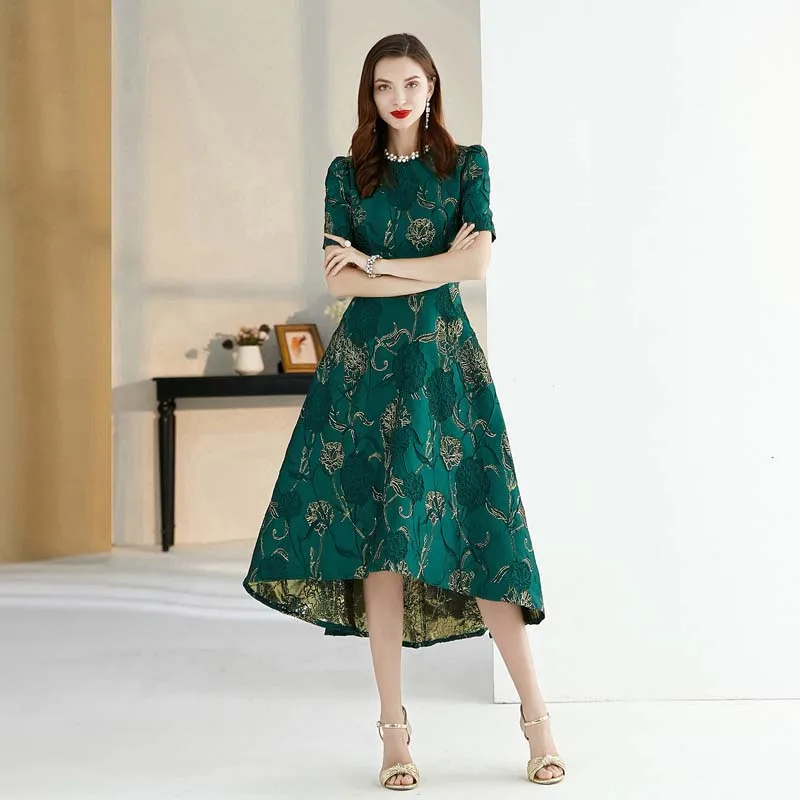 Quality Women short Sleeve Maxi summer Dress Elegant Boho Floral Jacquard Dress Fashion Party Long Autumn Dress