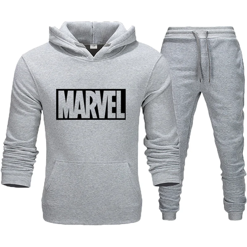 Простой модный мужской костюм с принтом Marvel, спортивный костюм, мужской спортивный костюм, флисовая плотная толстовка с капюшоном+ штаны, спортивный костюм, Азиатский размер