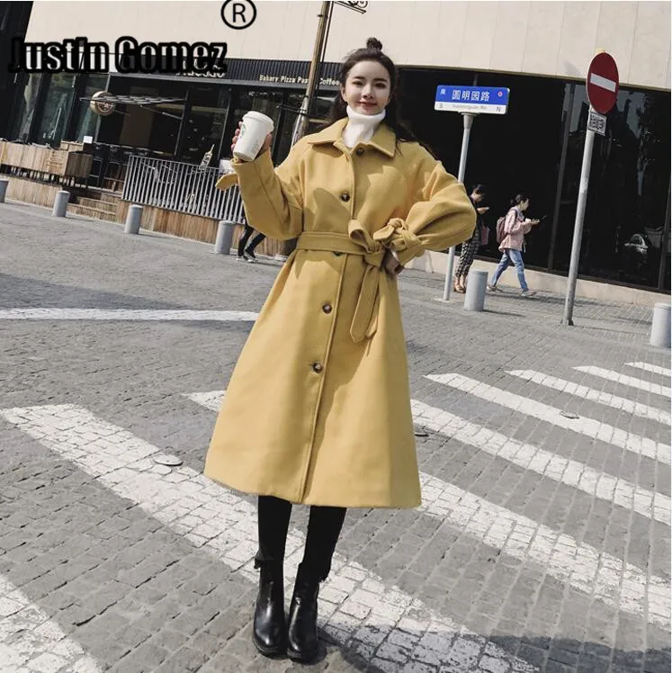 

Elegant Woman Coats Hepburn Solid Color Single-breasted Work Office Outerwear Split Woolen Overcoat With Belt Women's Coat Warm
