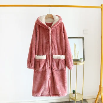

Flannel Hooded Pocket Robe Pajamas Women's Single Breasted Loose Female Pajama 2020 Autumn Winter Fashion Sweet Ladies Nightgown