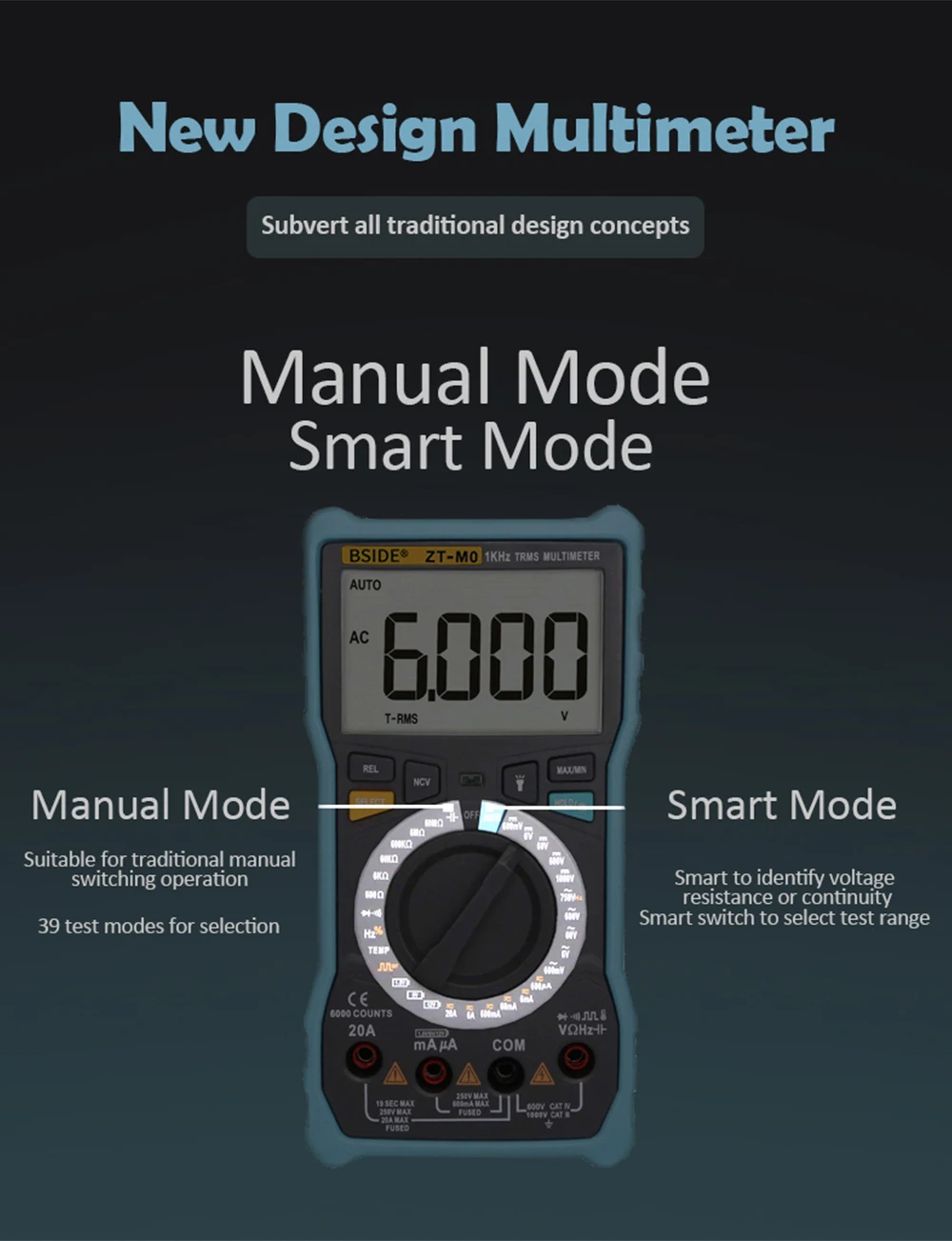 ZT-M0 Smart Manual Digital Multimeter LCD Display 6000Counts Voltage Square Wave Output Capacitance Battery BSIDE Tester DMM