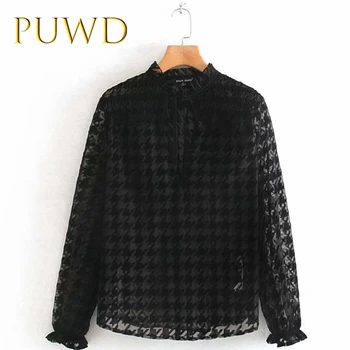 

PUWD 2019 New Autumn Women's Wear Perspective Sexy Flocking Shirt