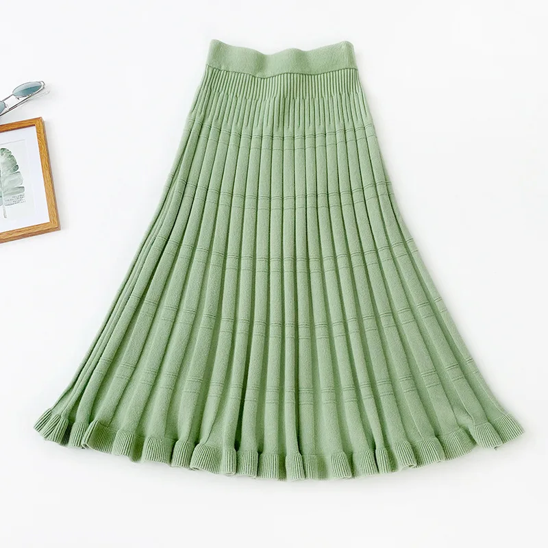 Autumn Winter Solid Jacquard Knit Skirts New Korean High Waist A-Line Stripe Long Skirt Women Ruffles Mermaid Skirt