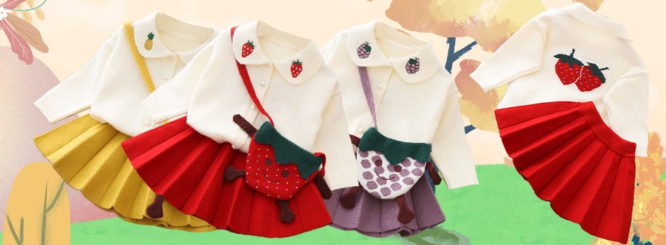 baby's complete set of clothing Baby girl 0-5Y clothes spring and autumn knitwear suit solid color bowknot sweater top + A-line skirt 2-piece princess knitwear newborn baby clothing set