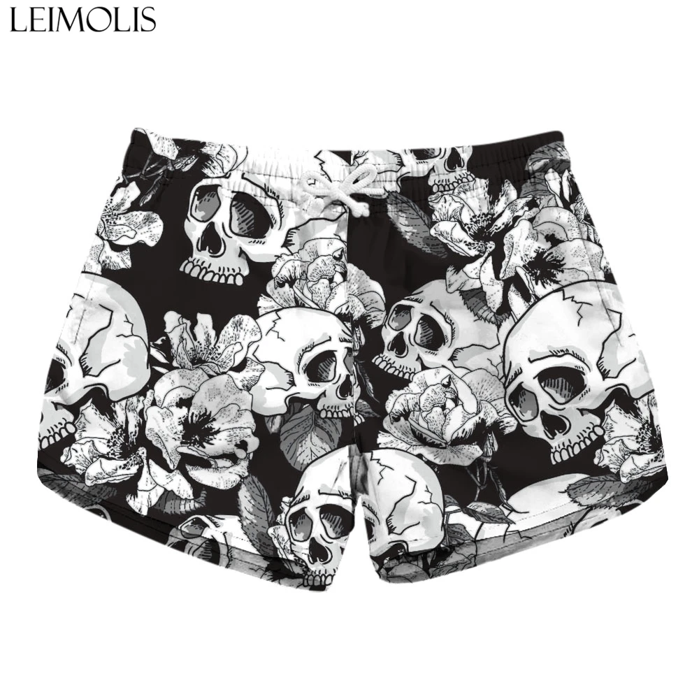 LEIMOLIS Flower Skull Black Gothic Print Summer Sexy Ladies Casual Bohemian Streetwear High Waist Shorts Women