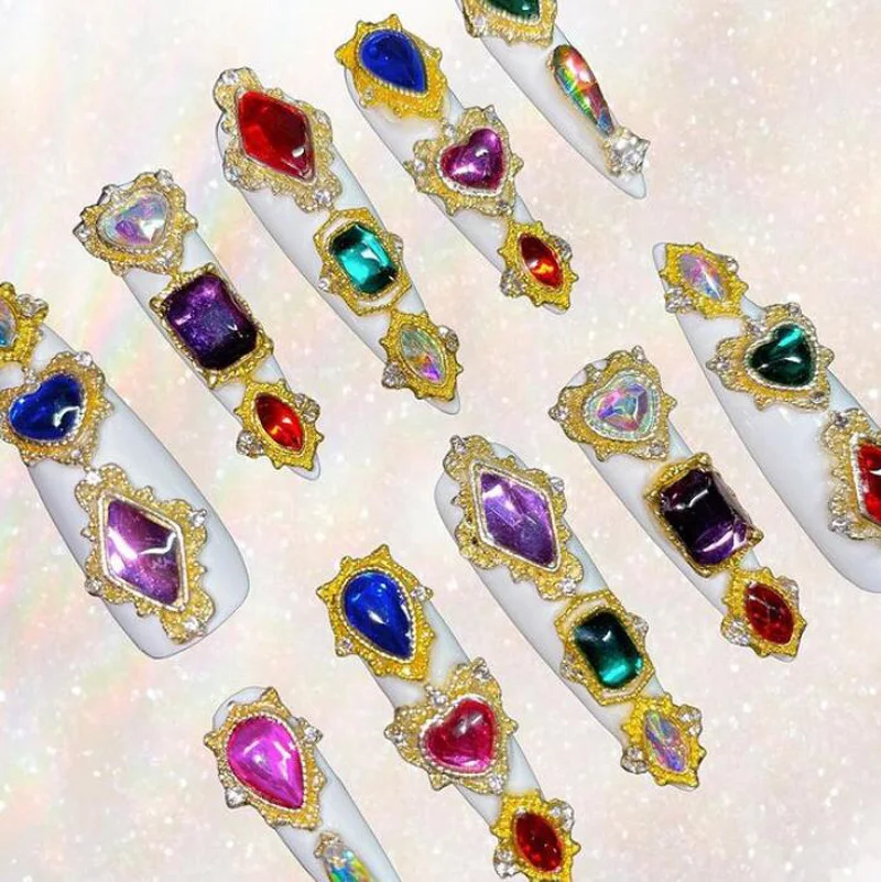 Oversized 120Pcs Nail Charms Gems Rhinestone with box Nail Art Charm Gem  Kit-3D Crystal AB Rhinestones, 24K Gold Nail Diamond