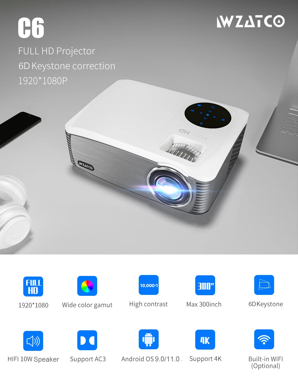 WZATCO C6 New 300inch Android 11.0 WIFI Full HD 1920*1080P LED Projector