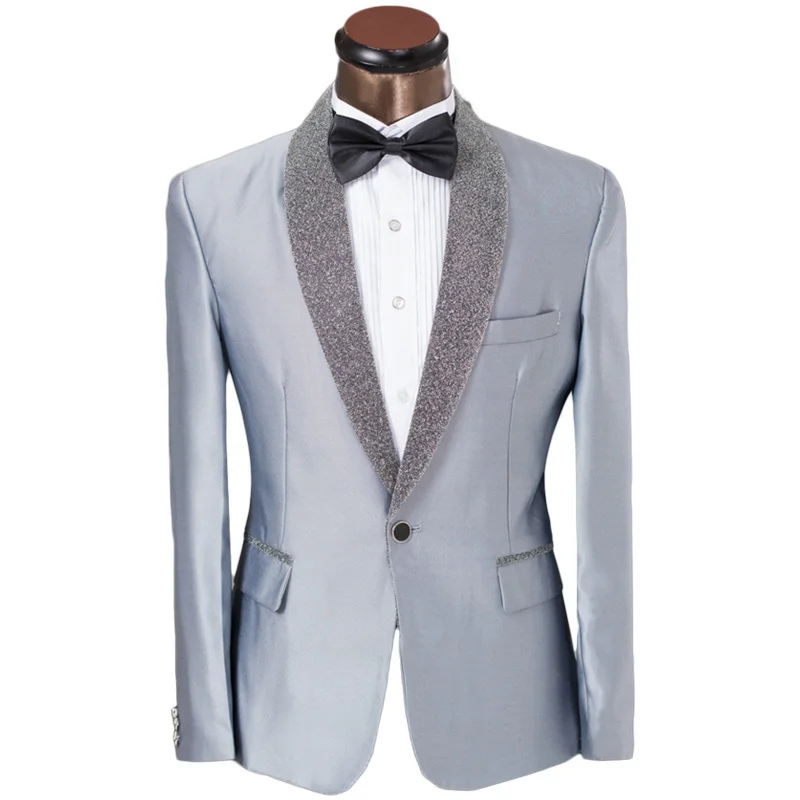 

Custom Men Suits formal pants for men Elegant Gray Shinny Silver Lapel Prom Tuxedo jacket for Men Groom Groomsman Wedding Suit