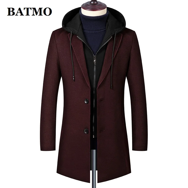 BATMO Новое поступление 50% шерстяной мужской Тренч с капюшоном, мужские зимние шерстяные Длинные куртки, размер M-4XL 1850 - Цвет: B