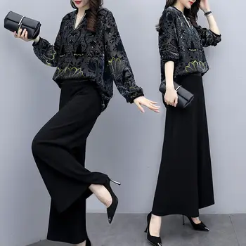

Chiffon Female blouse shirt Pantsuit For Women Two Piece Set chiffon Pullover V-neck Long SleeveTop Wide Leg Pants Suit