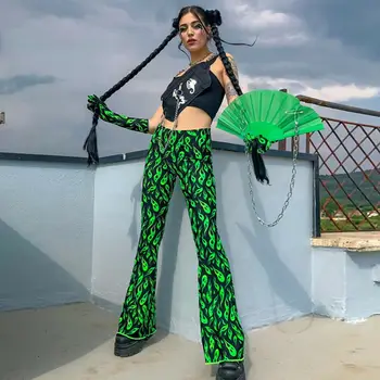 

Sexy Hip Hop Women Bootcut Pants Bootleg High Waist Green Print Flare Leg Pants Stretchy Bell Bottom Trousers