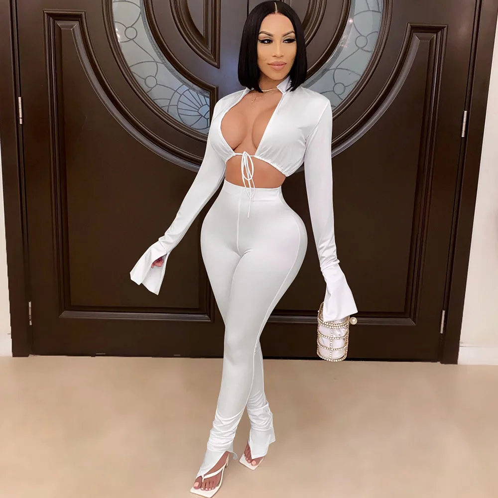 

Solid Bodycon Two Piece Sets Women Festival Clothing Drawstring Crop Top and Split Stacked Pants Leggings Set Sexy Club Outfits