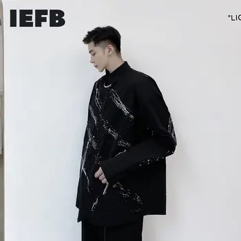 

IEFB /men's wear Niche ink-splashing printed shirts for men 2020 autumn new turn down collar long sleeve black tops 9Y4031