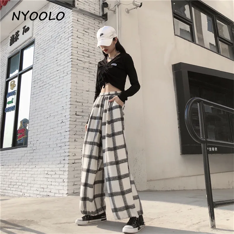 NYOOLO Vintage Streetwear high waist plaid woolen pants Autumn winter loose elastic waist ankle length wide leg pants women