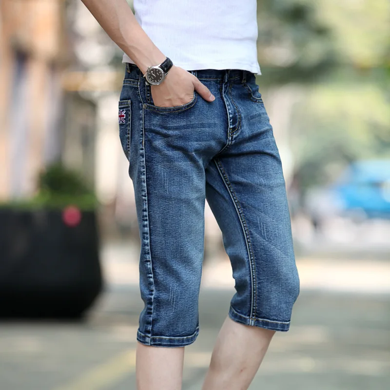 Summer 2021 MEN FASHION Casual Clothes For Teenagers Slim Denim Blue Flag Cropped Jeans Men\'s Breeches Denim Calf Length Pants