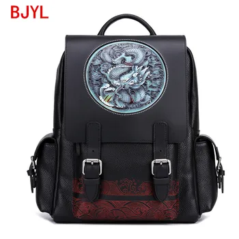 

2020 New Backpack College Large School Bags Cowhide Leather Carved Dragon Tiger Head Travel Men's Handmade Leather Cow Leather