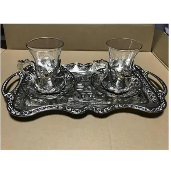 

Handmade authentic design turkish greek arabic tea set 2 service tea, cups with lid tray arbitrary candy dish gift