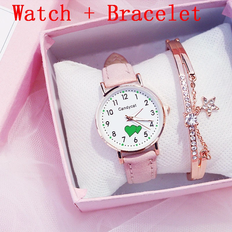 pink bracelet Для Женщин Простой арабский номер светящиеся кварцевые часы браслет набор роскошные кожаные Наручные часы женская одежда часы подарки Montre Femme - Цвет: pink bracelet