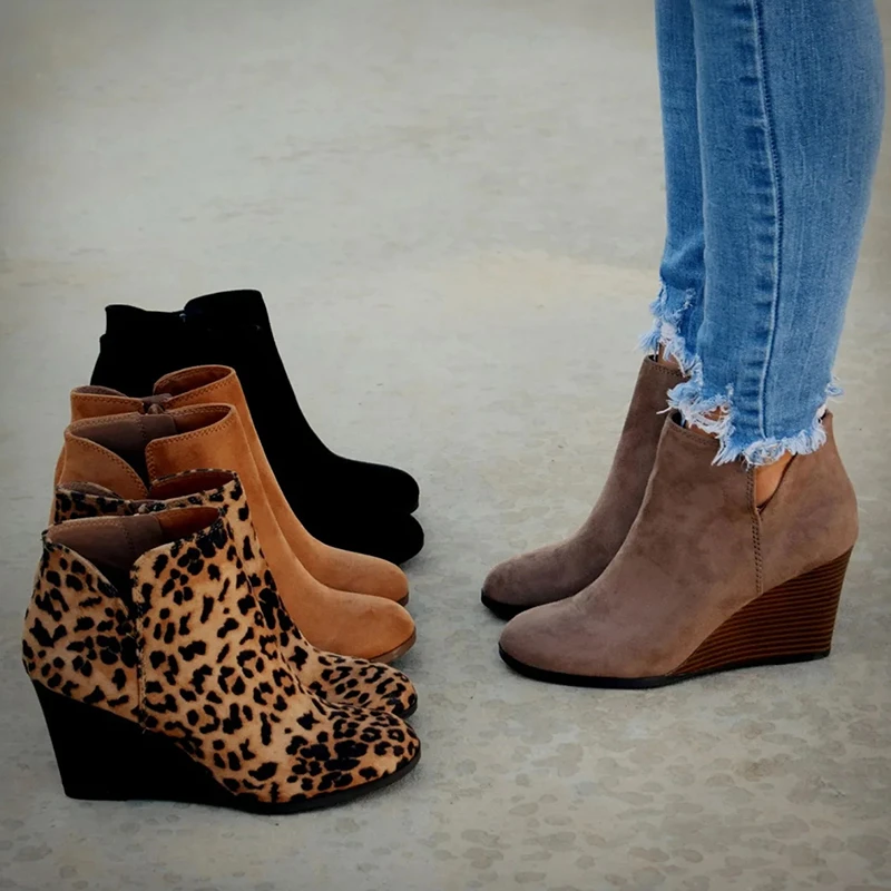 Botines bajos de Color liso con cremallera, zapatos de punta redonda, Botines de Mujer 2019, de a la moda, cuñas de gamuza para Mujer|Botas el tobillo| - AliExpress