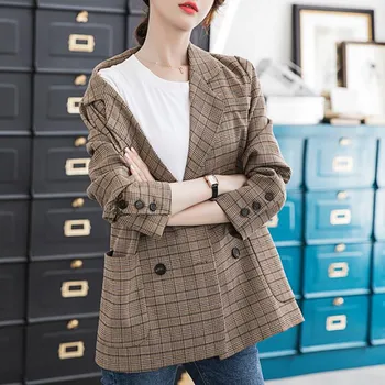 

Vintage Plaid Checked Blazer Women Long Sleeve Suit Jacket Coat Femme Casual Double Breasted Outerwear Female Autumn Winter 2020