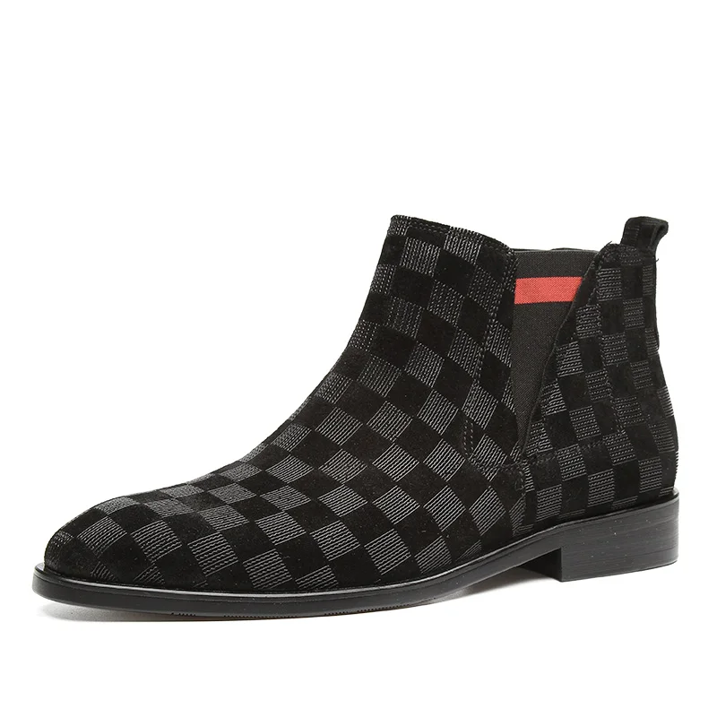 Fashion Black / Brown Pointed Toe Lattice Mens Casual Boots Genuine Leather Boots Man Ankle Boots