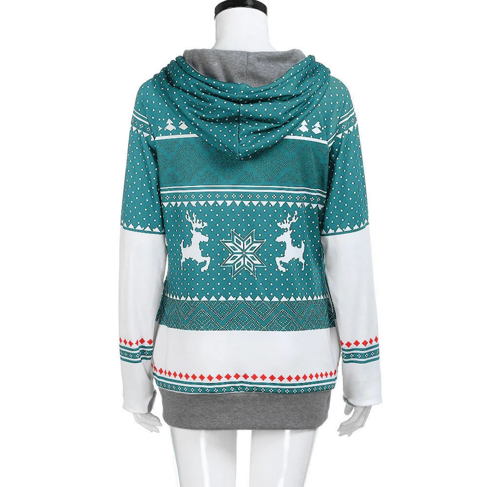 Зимние рождественские женские толстовки в горошек с принтом лося, топы, пуловер с длинными рукавами, толстовка с капюшоном, женская одежда O09