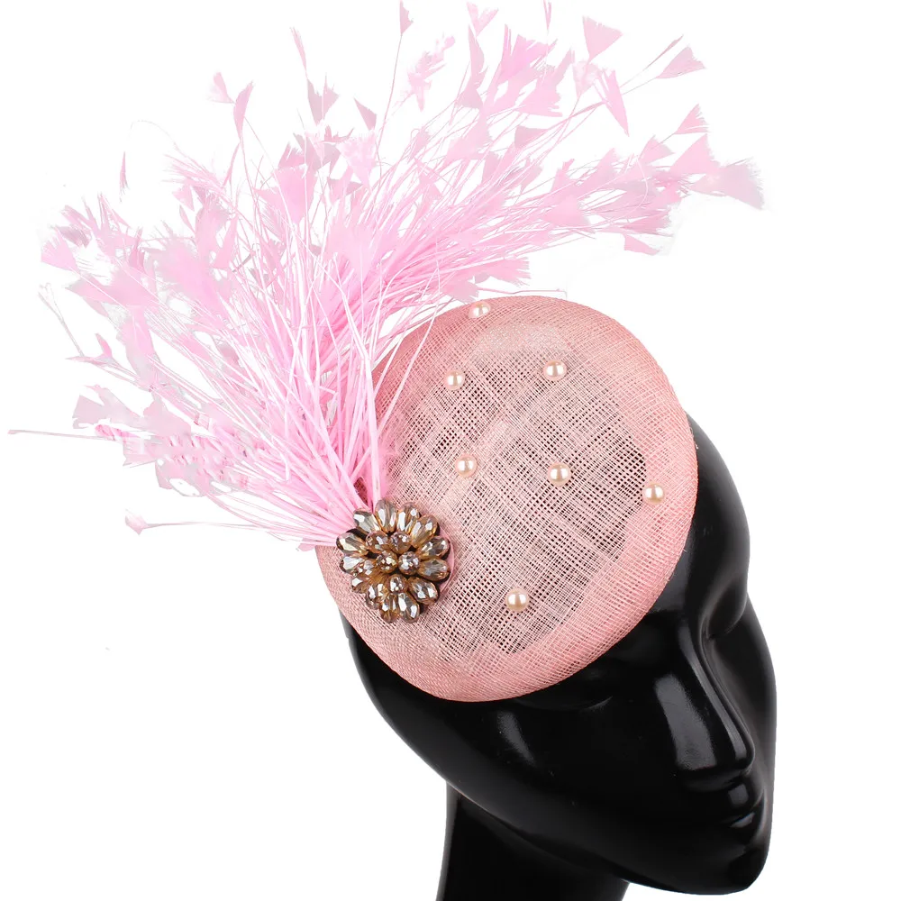 Для женщин перо шляпа свадьбная шляпа украшения для волос свадебные бирюзовые аксессуары Fascinator белье чародей заколки стиль - Цвет: Розовый