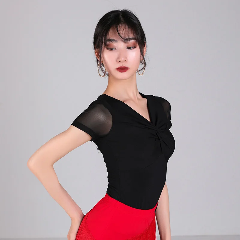 Black Short Sleeve Взрослый Для женщин туфли для латинских танцев топы с длинными рукавами Черный латинский танец Практика одежда стандартный бальный зал Одежда для танцев Для женщин латинские Топы BL2456 - Цвет: Black Short Sleeve