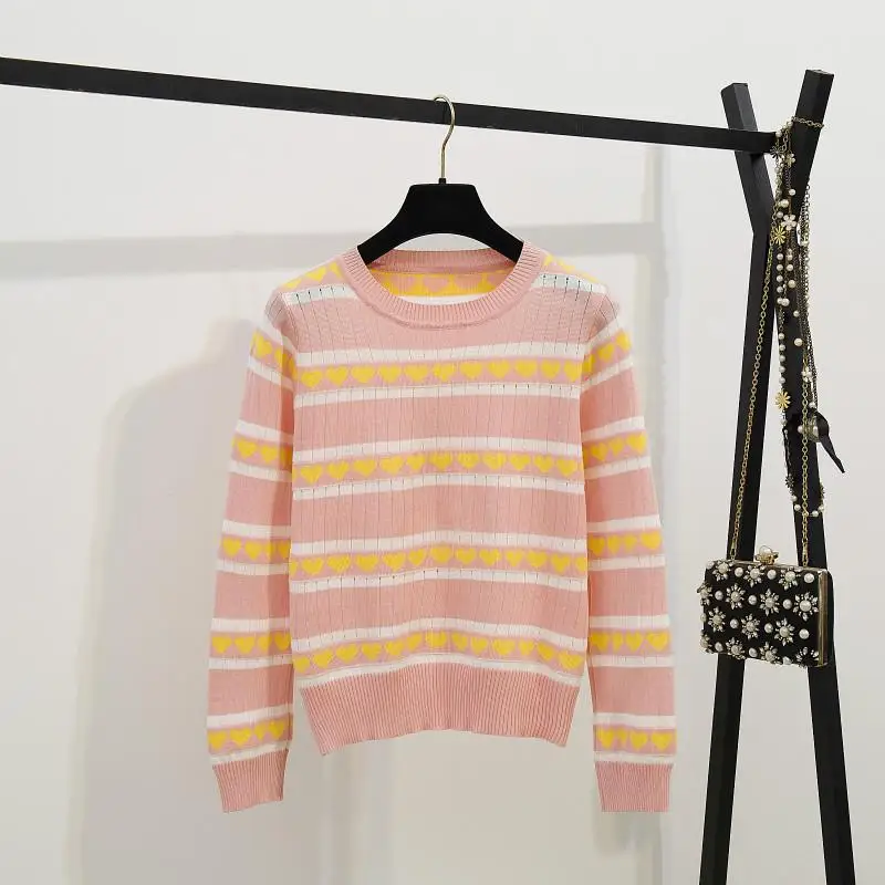 ICHOIX/вязаные топы и штаны; комплект одежды для Женский комплект 2 шт.; корейские костюмы из двух предметов; джинсовые Широкие штаны; свитер в полоску - Цвет: Pink Sweater
