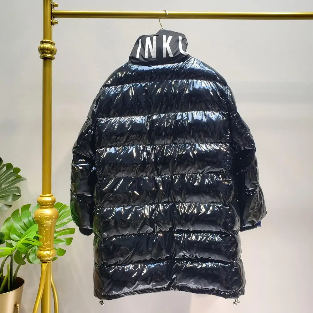 L77street зимняя Толстая Лента с буквами Высокий воротник Длинная секция яркий свободный хлеб одежда черное хлопковое пальто