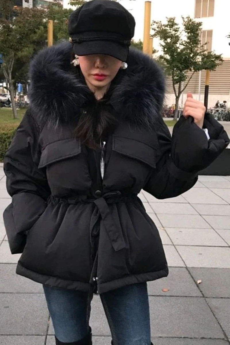 Женская одежда короткое пальто женское зимнее однотонное корейское свободный пояс Талия утолщение большой меховой воротник пуховое хлопковое пальто для женщин