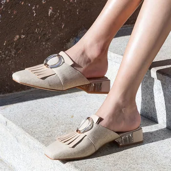 

Sarairis On Sale Hemp And Leather Patchwork Chunky Heels Slipper Mules Summer women's Shoes Sandals Pumps