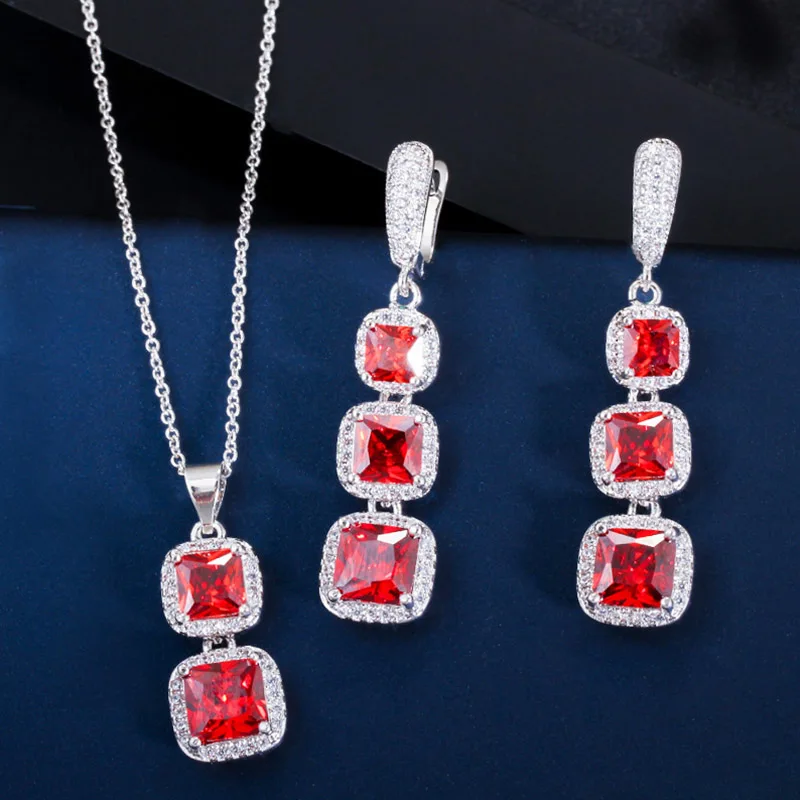 Silver Red Pera классический красный квадрат кубическая циркония длинные висячие серьги и подвески ожерелья для женщин модные ювелирные изделия с фианитами наборы J279 - Окраска металла: Silver Red