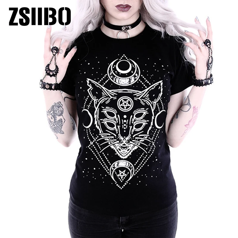 

T Shirt Woman 2019 Gothic Star Punk Cat Print Tops Galaxy Short Sleeve Cat Print Black Loose Punk Casual Femme Clothing