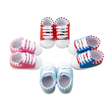

Baby Canvas Shoes Cute Striped Print Crib Shoes Soft Sole Anti-Slip Infant Lace Up Sneakers For Baby Boys Girls First Walkers