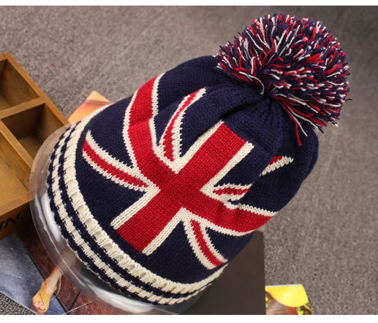 Fashion Casual USA Star And Striped Flag Beanies Women Men Autumn Winter Pom Poms Ball Knitted Cap British Flag Beanies 3