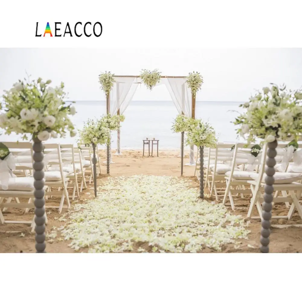 

Laeacco Tropical Seaside Beach Wedding Party Flowers Door Romantic Love Party Scenic Photo Background Photography Backdrops