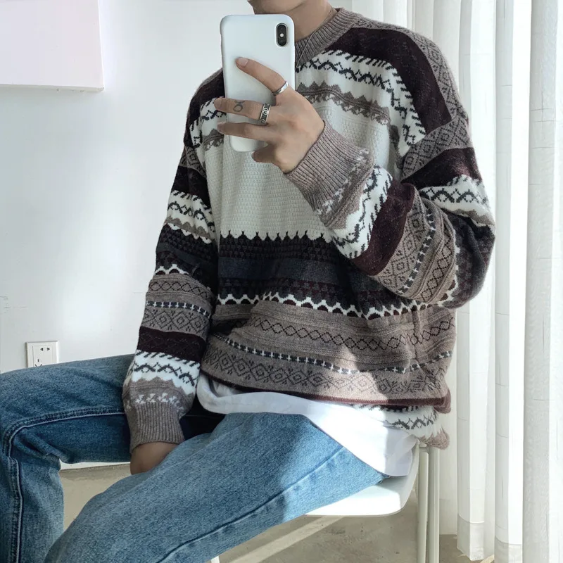 Winter Sweater Men Warm Fashion Retro Casual Knit Sweaters Man Streetwear Loose Long-sleeved Pullover Sweter Clothes Men