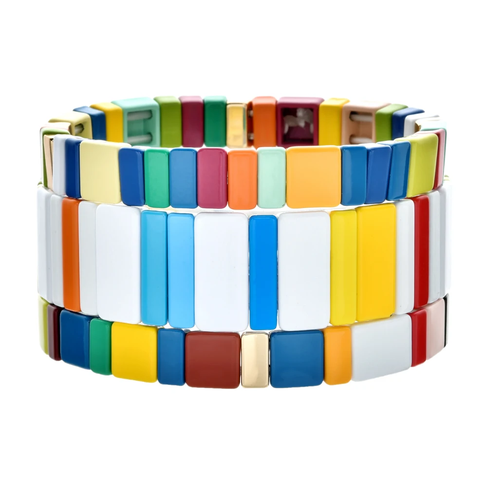 

3pc/Set Bohemian Metal Painted Colorful Rainbow Tile Stacking Bracelet For Women Party Jewerly Pulseras Insta Fashion Drop ship